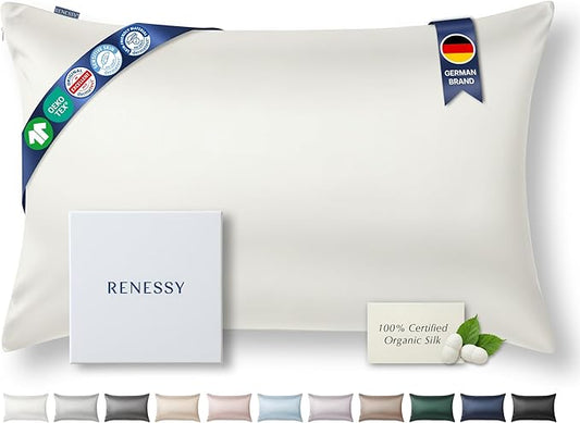 RENESSY Premium Silk Pillowcase 100% Organic Mulberry Silk, 22 Momme, Grade 6A - Oeko-Tex Certified in Germany - Luxury for Hair & Skin, 1 Piece (King Size 20x36 Inches, Natural Silk Off-White)