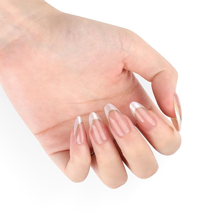 XZMeiLun Gold Line Grey French Tip Press On Nails Almond Short, French Tips Designer Reusable Acrylic Nails Press Ons, Fake Nails With Glue On, Daily Wear Floral False Nails For Women