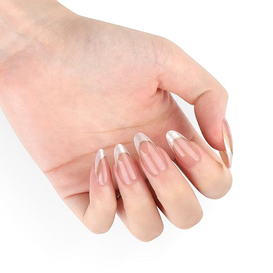 XZMeiLun Gold Line Grey French Tip Press On Nails Almond Short, French Tips Designer Reusable Acrylic Nails Press Ons, Fake Nails With Glue On, Daily Wear Floral False Nails For Women