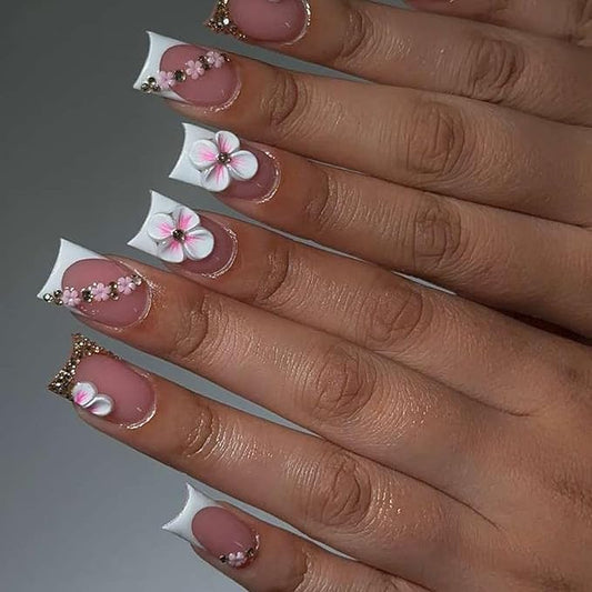 Medium Press on Nails Square - White French Tip Fake Nails with Flower Design - Floral Charms False Nails Press ons - for Women Manicure 24Pcs