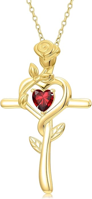 Midari 18K Yellow Gold Cross Pendant Rose Birthstone Necklaces for Women Christian Cross Jewelry with 12 Months Birthstone Birthday Gifts for Wife Her Daughter Mom