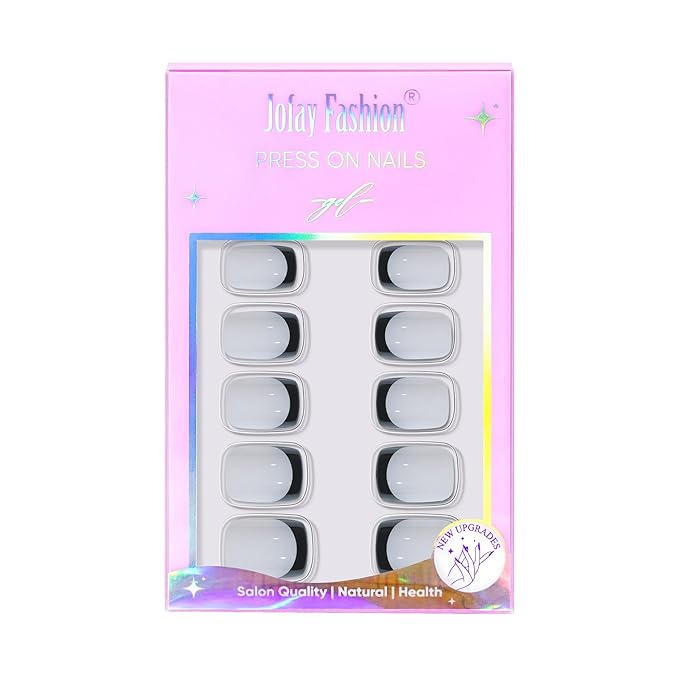 French Tip Press On Nails - Gothic Square,Black Halloween Press On Nails, Acrylic Square Short Halloween Nails with Nail Glue, Fit Perfectly & Natural Stick On Nails in 16 Sizes - 32 PCS Soft Gel Kit