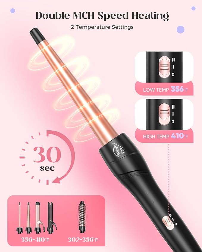 Lopeie 5 in 1 Curling Iron with Thermal Brush and 4 Interchangeable Ceramic Barrels(1/2 to 1 1/2 inch), Curling Wand Set with Flat Iron, Fast Heating, Dual Voltage Hair Curler, Gifts for Women