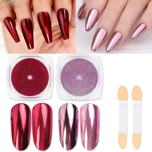 evpct 2Pcs Red Rose Gold Metallic Mirror Effect Chrome Nail Powder Kit for Nails Polish Rainbow Holographic Iridescent Chameleon Neon Nails Pigment Mirror Chrome Nail Powder for Gel Nails Glitter