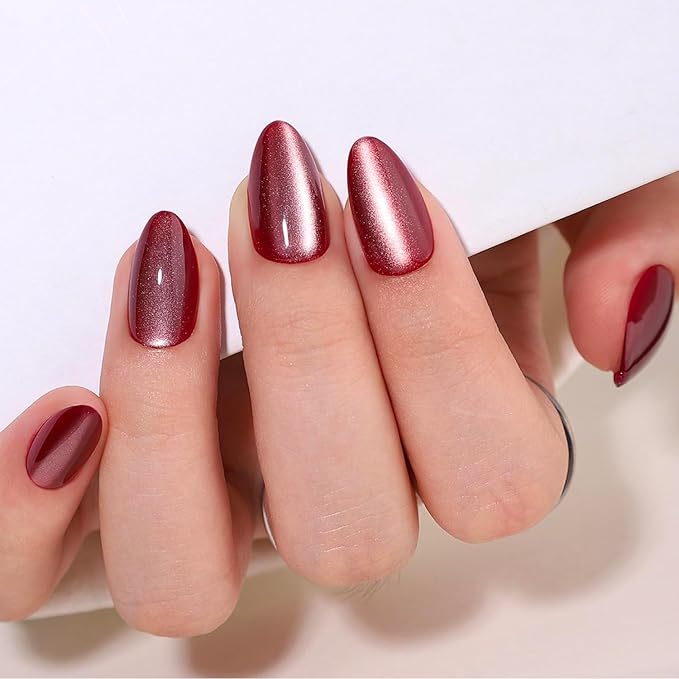 LAMIMOSA 32Pcs Burgundy Red Cat Eye Press On Nails Short Almond – Soft Gel Fake Nails kit in 16 Sizes, Reusable Glue on Nails, SPARKLING RED