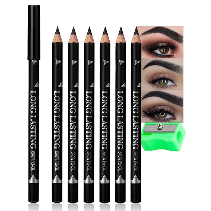 Black Eyebrow Pencils for Women with Sharpener, 6Pcs Hard-Core Wooden Eye Brow Eye Liner Pencils for Beginner Makeup, Waterproof & Sweat-Proof