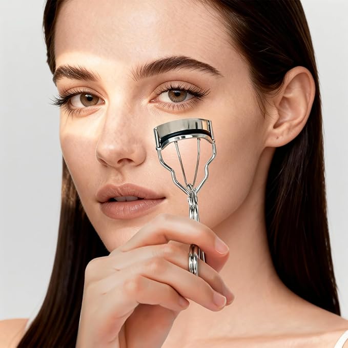 qiipii 2 Kinds of Eyelash Curlers with Different Curvature Suitable for Various Eyes Shapes, Silver Comfort Grip,10 Silicone Replacement Refills Pads for Perfect Framed Lashes - Gentle & Safe Use