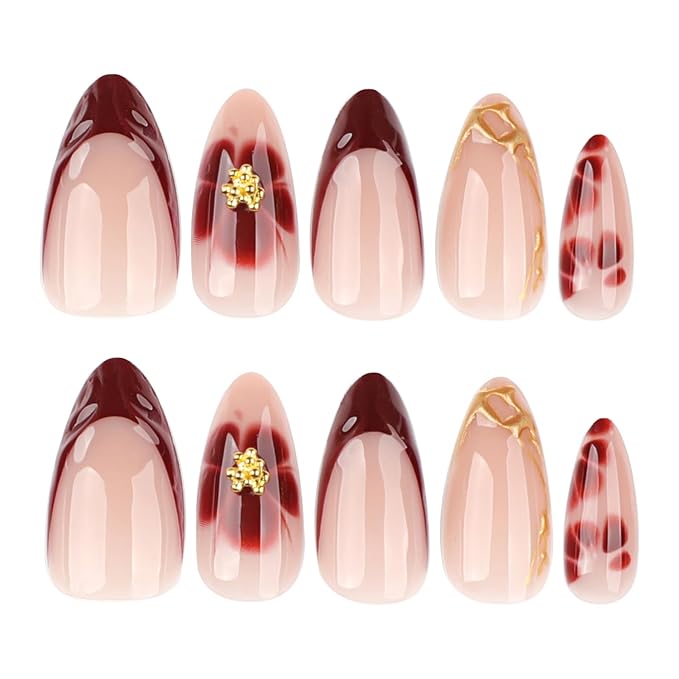 24pcs French Tip Press on Nails Medium Almond Fake Nail Brown French Nails Petals and Flowers Design Short Almond Nail Art False Nail Stick on Acrylic Nails for Women Daily Wear