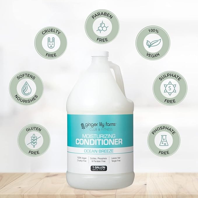 Ginger Lily Farms Club & Fitness Moisturizing Conditioner for Dry Hair, 100% Vegan & Cruelty-Free, Ocean Breeze Scent, 1 Gallon Refill (Pack of 4)
