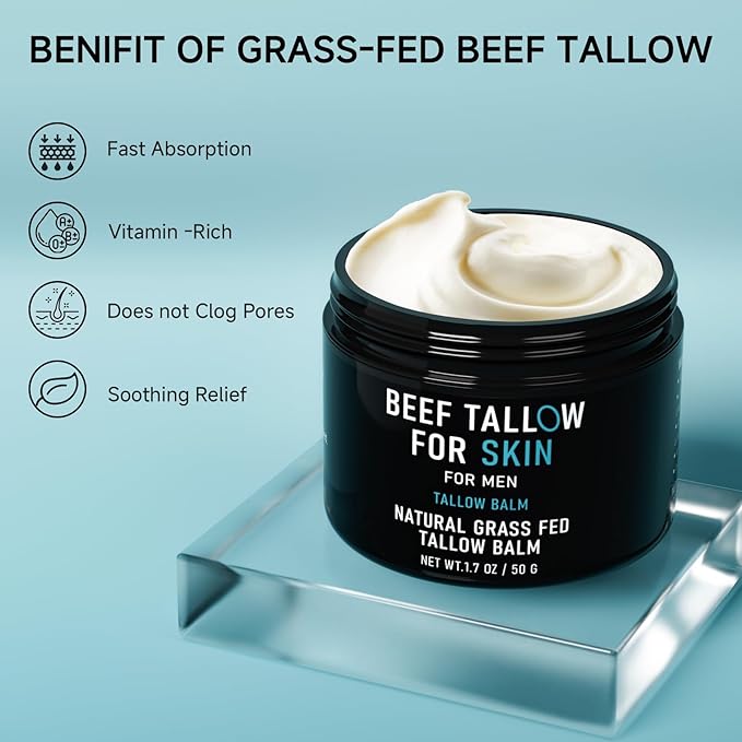 pekinly Beef Tallow for Skin, Beef Tallow Skin Care for Men, Mens Skincare Moisturizer for Face Neck Deeply Nourishing and Moisturizing, Unscented Original Tallow Face Moisturizer for Men, 1.7 OZ