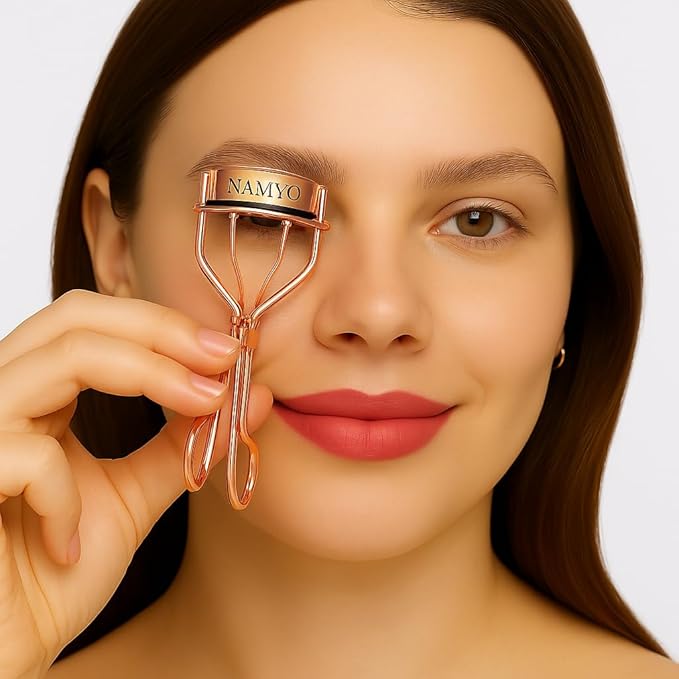 Namyo Premium Eyelash Curler Rose Gold Edition - Makeup Eyelash Tool with Lasting Lift and Precision Curl. Holiday Gift Ready Packaging. Soft Grip. Extra Silicone Refills. Travel Ready.
