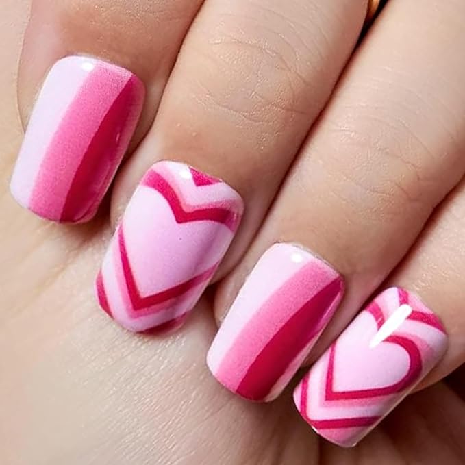 GLAMERMAID Hot Pink Ombre Press on Nails Medium Square, Color Gel False Nals, Valentine Colorful Glue on Nails Kit for Women, Pop Comic Sweet Reusable Stick on Acrylic Fake Nails Manicure Set
