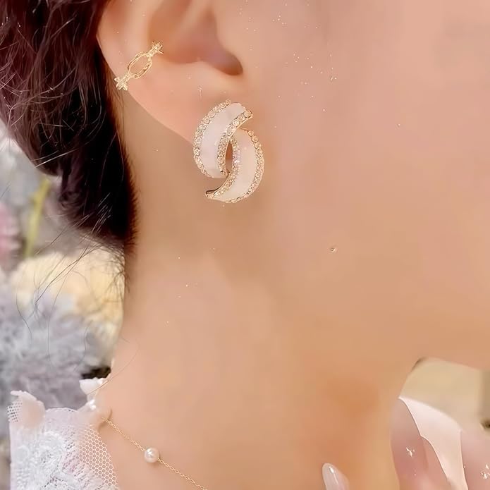Gold Plated Double Hoop Earrings for Women, White Enamel & Cubic Zirconia Statement Earrings