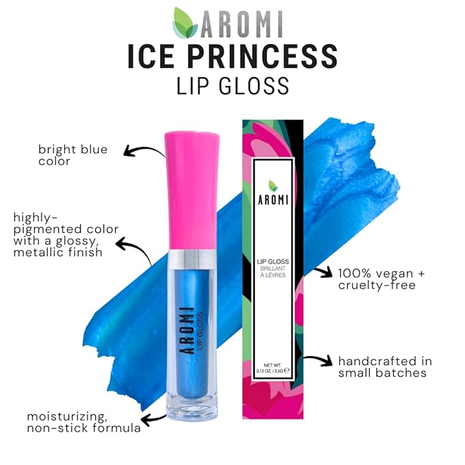 Aromi Bright Blue Lip Gloss | High-Shine, Moisturizing Lip Oil, Vegan, Cruelty-free, Metallic Glossy Finish (Ice Princess)