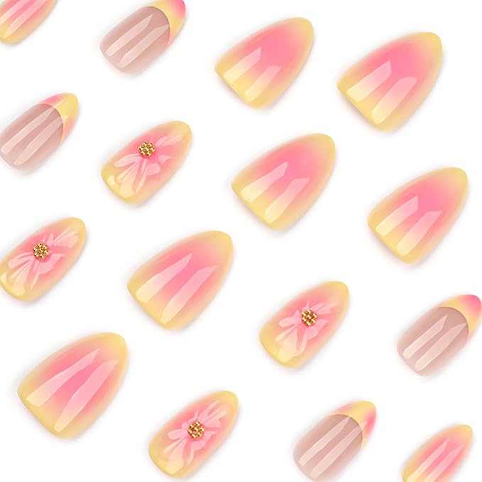 24Pcs French Tip Press on Nails with 3D Flower Fake Nails French Yellow, Sweet and Cool Manicure Press on Cute Stick on Nails Short Gradient Glossy Acrylic Nails Kit for Women Daily Wear