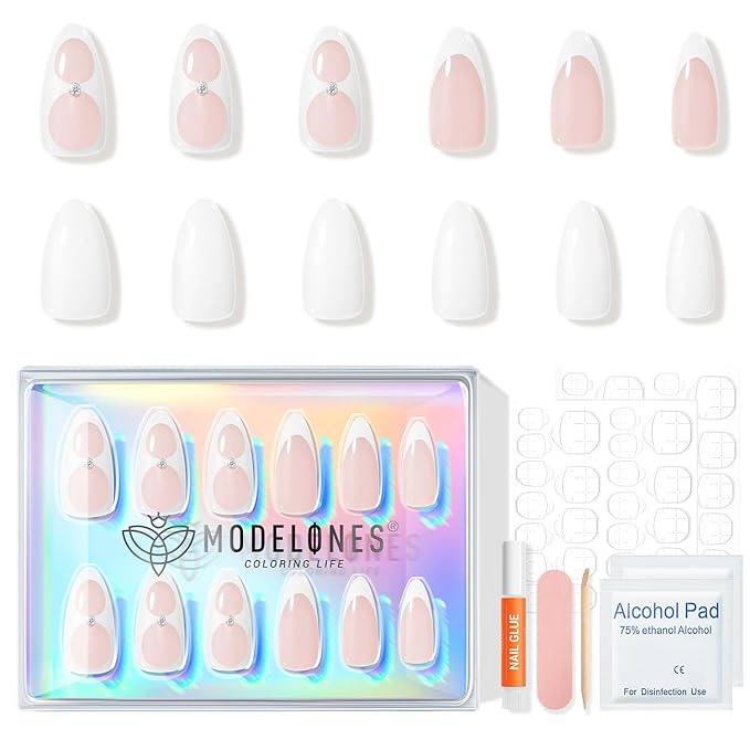 Modelones Press on Nails Tips 16 Sizes 32Pcs Almond, White French Tip Press on Nails Short Fake Nails, Reusable Nail Kit with Nail Glue Adhesive Tabs Mini Nail File, Nails Press Ons