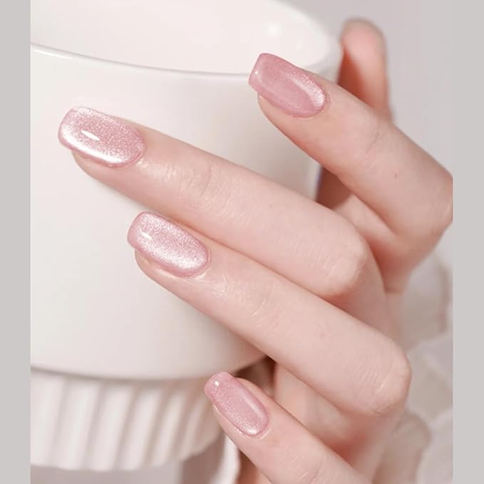 SHELWIN French Press On Nails Ready-To-Wear DIY Manicure Stick On Cat Eye Nails kit for Women 24 Pcs Short Medium Coffin Almond Shaped False Nails Gifts（Light Pink）