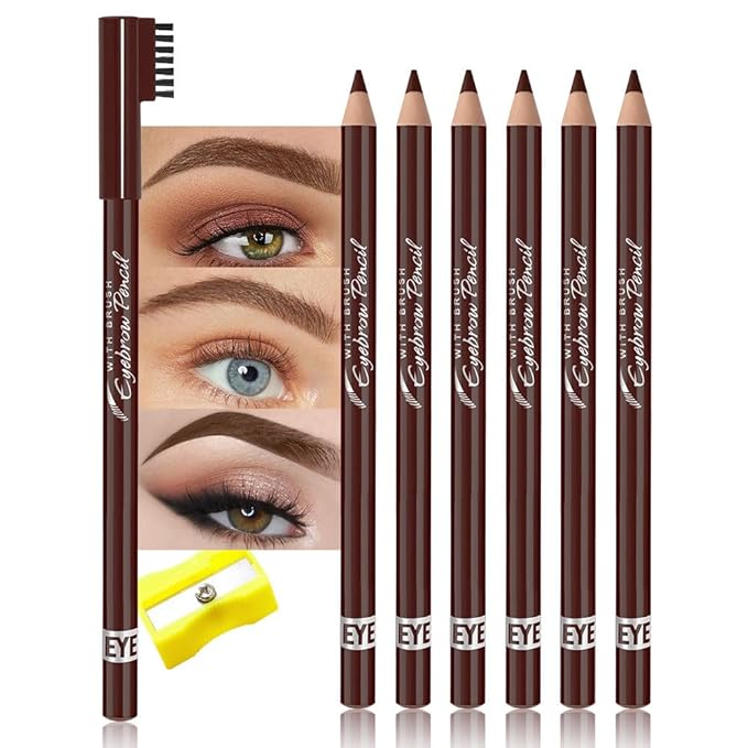 Eyebrow Pencils for Women with Sharpener, 6Pcs Hard-Core Wooden Eye Brow Eye Liner Pencils for Beginner Makeup, Waterproof & Sweat-Proof (6Pcs-Brown)