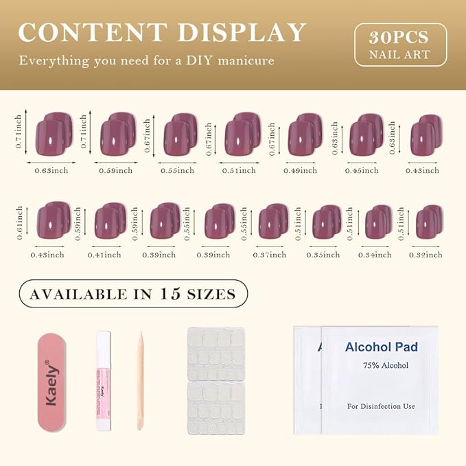 evpct Maroon Glossy Press on Nails Short Square, Glossy Maroon Fake Nails Summer Reusable, Acrylic False Nail Stick on Press ons for Women Gifts, Perfectly Fit Durable False Nail Kit & Gel 30Pcs