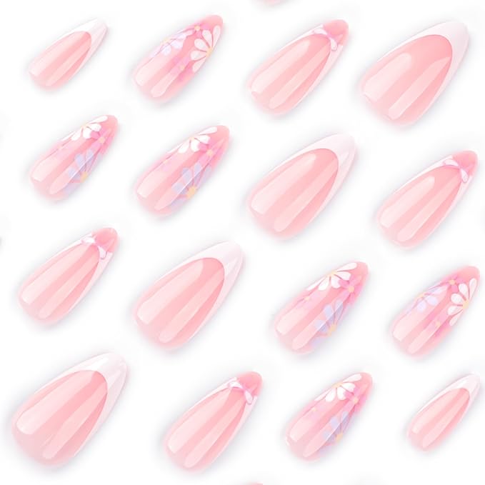 XZMeiLun Bow French Tip Press On Nails Spring Summer Acrylic Nails for Women - Purple Flower Designer Fake Nails Short Almond 24Pcs, Outdoor Picnic/Wedding/Party Reusable Glue On Stick On Nails
