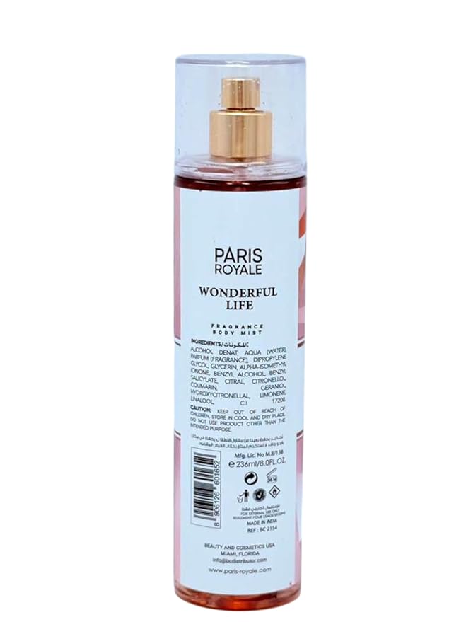 Paris Royal Wonderful Life Body Mist for Women, 8 Fl Oz - Joyful Fruity Floral Fragrance - Uplifting & Vibrant Body Spray (Wonderful Life)