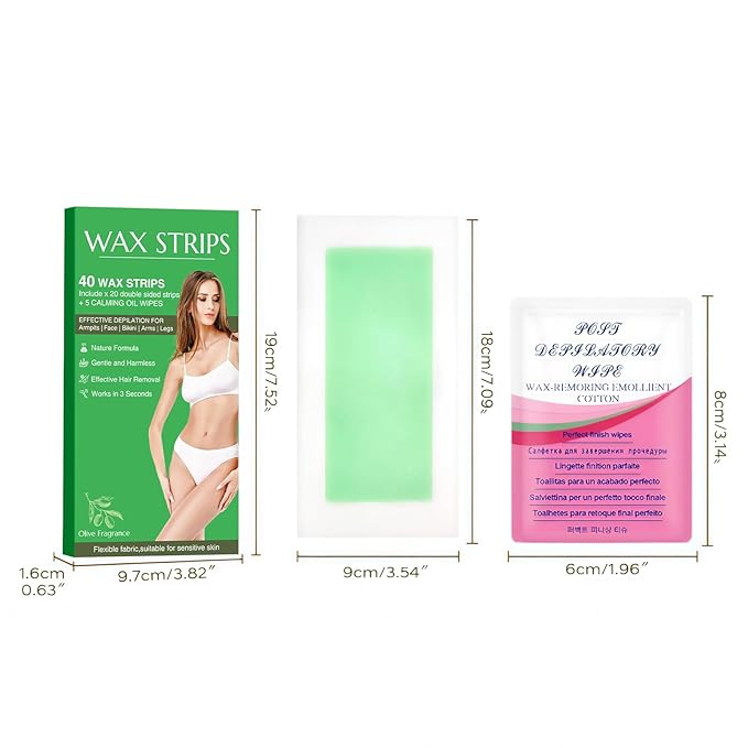 40pcs wax strips - Body Waxing Strips, Wax Kit for Women & Men - Brazilian Wax Kit, Back Waxing Kit, All Skin Types, Arms, Legs, Armpits, Bikini, 98% Natural, Hypoallergenic Odourless, Green