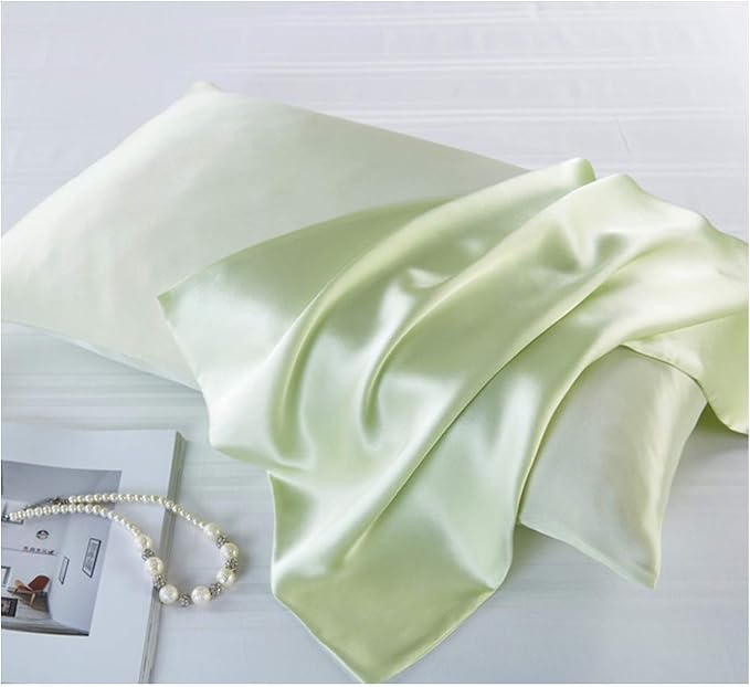 Mulberry Silk Pillowcases Set of 2, Hypoallergenic Satin Pillow Covers for Hair and Skin, with Hidden Zipper, Both Side 100% 19 Momme Silk (Fruit Green,Queen)