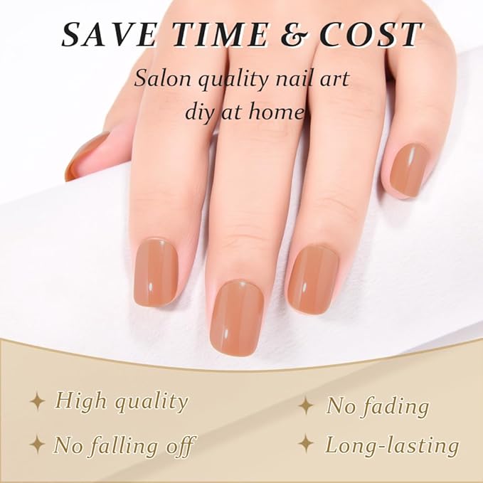 evpct Nude Brown Short Press on Nails Square, Glossy Soft Gel Acrylic Fake Press on Nails Manicure Kit, Reusable Artificial Stick on Nail for Women, Full Cover Easy Application Easy At-Home Salon