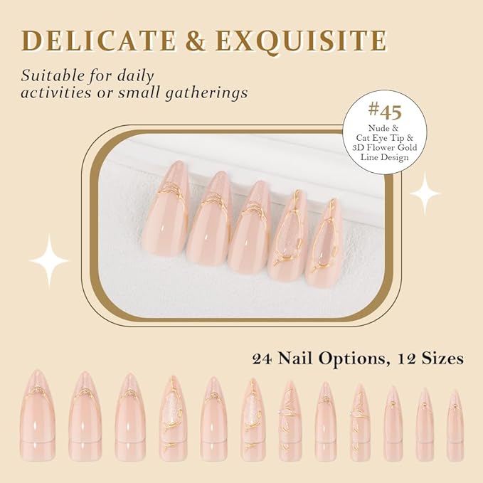 XZMeiLun French Tips Press on Nails Almond Medium Length - Stiletto Acrylic Fake Nails with 3D Gold Line Cat Eye Floral Design, Reusable Glue-On Stick for Fall Flower Fashion Nails for Women