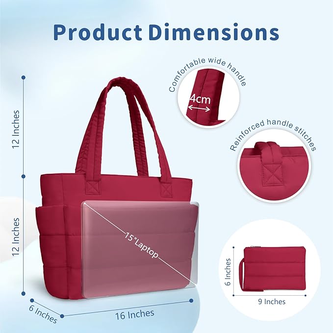 TOPDesign Puffer Tote Bag for Women, Lightweight Puffy Handbag with Compartments, Quilted Shoulder Bag for Work, Travel, Gym