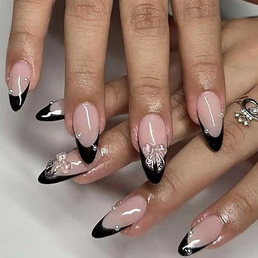 Foccna Press on Nails Medium Pearl Black Fake Nails Almond Glossy 3D False Nail Tips French Artificial Nails Finger Manicure for Women and Girls,24pcs