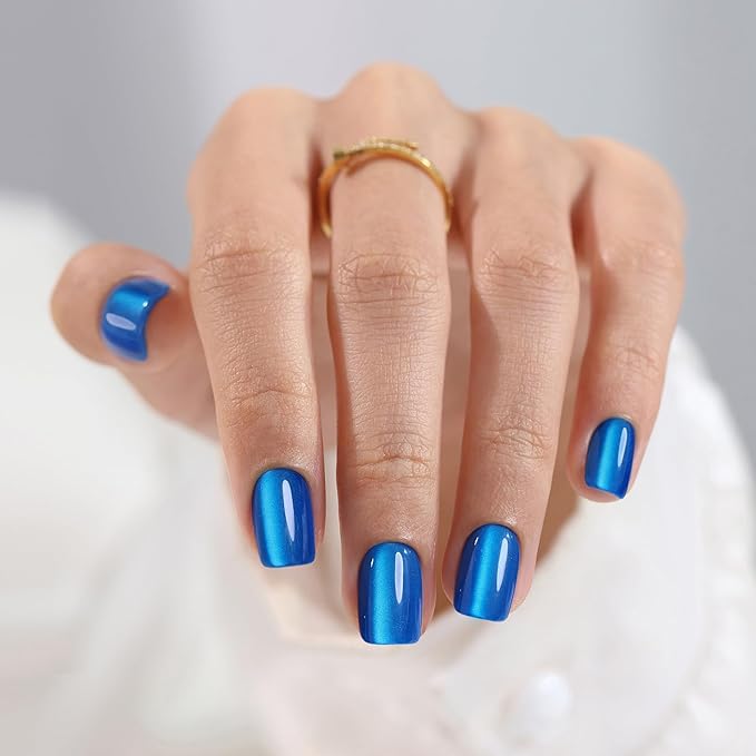 SHANGMENG Blue Cat Eye Press on Nails Square - Soft Gel Press on Nails Short for Women Gift, Fit Perfectly & Natural Stick on Nails with Glue in 16 Sizes - 32 Reusable Fake Nails, Royal Blue