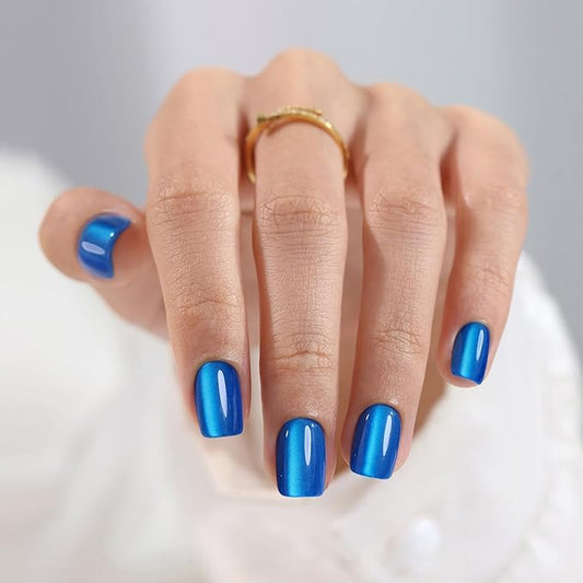 SHANGMENG Blue Cat Eye Press on Nails Square - Soft Gel Press on Nails Short for Women Gift, Fit Perfectly & Natural Stick on Nails with Glue in 16 Sizes - 32 Reusable Fake Nails, Royal Blue