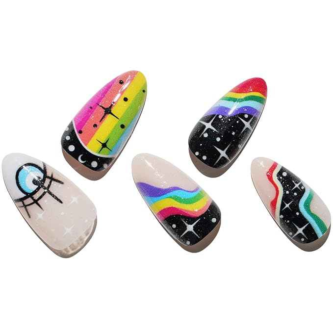 GLAMERMAID Press on Nails Medium Almond, Spring Gothic Black with Rainbow Galaxy Gel Glue on Nail, 24Pcs Glossy Short Stiletto Reusable UV Finish Fake Nails Acrylic False Nails Manicure Kits for Women
