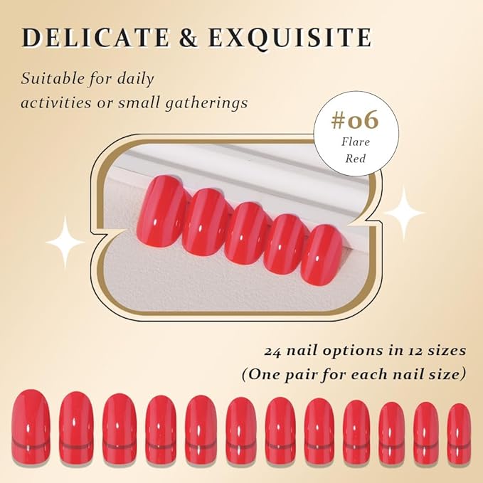 evpct Flare Red Medium Oval Glossy Press on Nails for Women Gift, Glossy Flare Red Fake Nail with Nail Kit Manicure Kit, Soft Gel Full Cover Reusable Stick on Acrylic False Nails Perfectly Fit