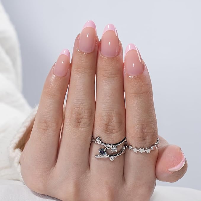 Leefrei French Tip Press on Nails - Pink Short Almond Press on Nail, Glossy Fake Nails Reusable Nails Press ons for Women, 32 Pieces in 16 Sizes False Nails Kit with Glue, Petal Line
