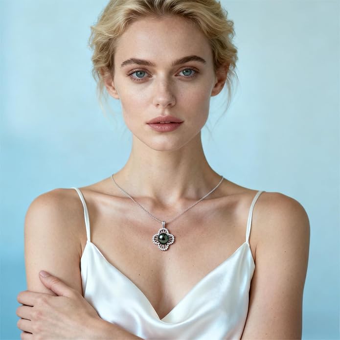 Genuine Tahitian Black Pearl Necklace for Women, 9-13mm AAAA Seawater Pearl - Sterling Silver Moissanite Pendant, Wedding Anniversary, Birthday, Christmas Gift for Wife, Mom, Girlfriend, Fine Jewelry