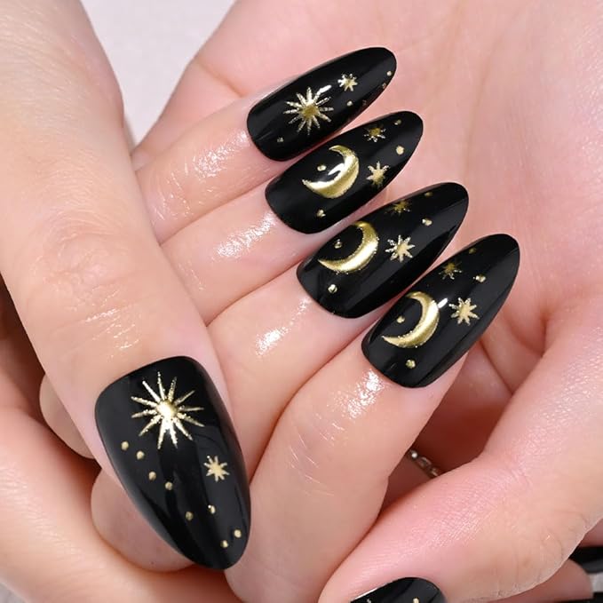 XZMeiLun Black Star Moon Press on Nails, Long Almond Acrylic Fake Nails Design, Natural Reusable Glue-On Nails Kit for Women DIY 3D False Nail Art Decoration Gift, Salon Quality Reusable 15/30 Psc