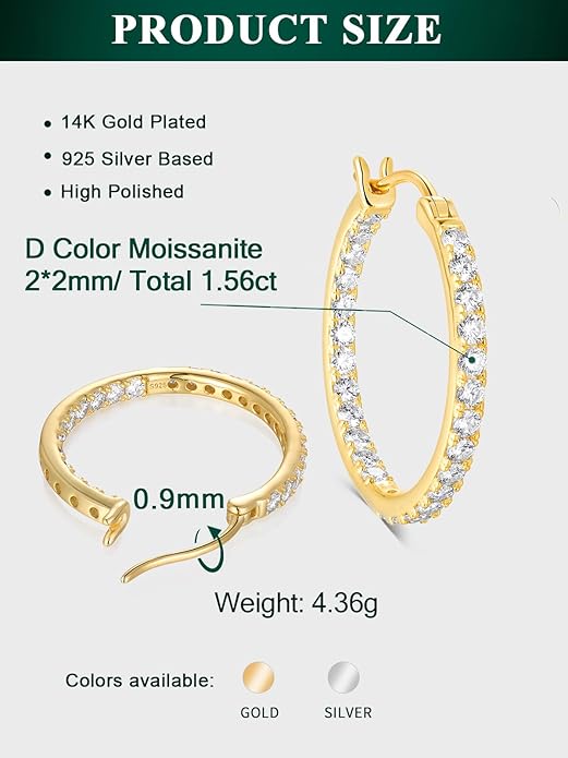 Wyyxl Womens Diamond Hoop Earrings, 20/25/30mm Small Hoop Sterling Silver Based Hypoallergenic Huggie Stud, Sparkle Moissanite 5a Cubic Zirconia Earings Jewelry for Woman Daily Party Wear