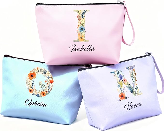 Personalized Makeup Bag Initial&Birth Flower Custom Small Travel Cosmetic Bag with Name Cute Makeup Bag for Women Girls