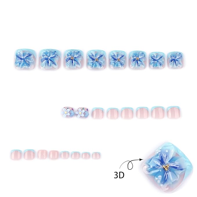 24pcs Summer Blue Press on Toenails 3D Flower Fake Toenails Press On Nails Short French Toe False Nails Flash Diamond Decor Feet Nail Art Short Square Summer Nail Tips for Women