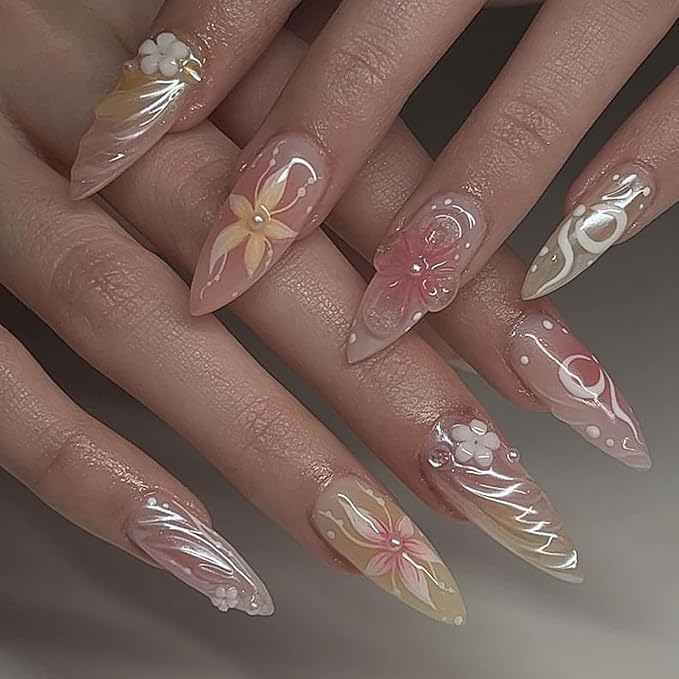 evpct 3D Pearl Pink Green Handmade Press On Nails Almond Medium, 3D Flower Design Fake Nails Rusable for Spring & Summer Daily Wear, False Acrylic Nail with Kits Press ons Nail for Women Gift, 24Pcs