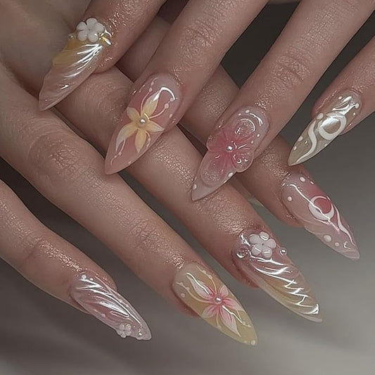 evpct 3D Pearl Pink Green Handmade Press On Nails Almond Medium, 3D Flower Design Fake Nails Rusable for Spring & Summer Daily Wear, False Acrylic Nail with Kits Press ons Nail for Women Gift, 24Pcs