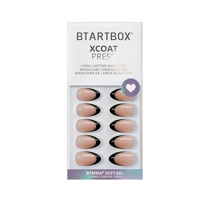 BTArtbox French Tip Press On Nails, Almond, Supremely Fit, Natural, Reusable Short Glue/Stick On Nails for Women Gift in 16 Sizes, Black French, 32 Fake Nails Kit