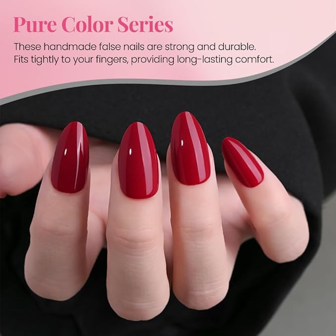 evpct Glossy Press on Nails Short Almond Short for Women, Dark Red Fake Nail with Kits Salon Quality Reusable Stick on Nails In 15 Sizes 30Pcs Full Cover False Nail Soft Gel Set Kit for Gift, 27