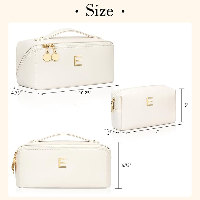 Valentines Day Gifts for Women Teen Girl, Personalized Initial Makeup Organizer Bag Set, Open Flat Travel Cosmetic Bag With Clear Divider and Handle(Large-Beige,E)