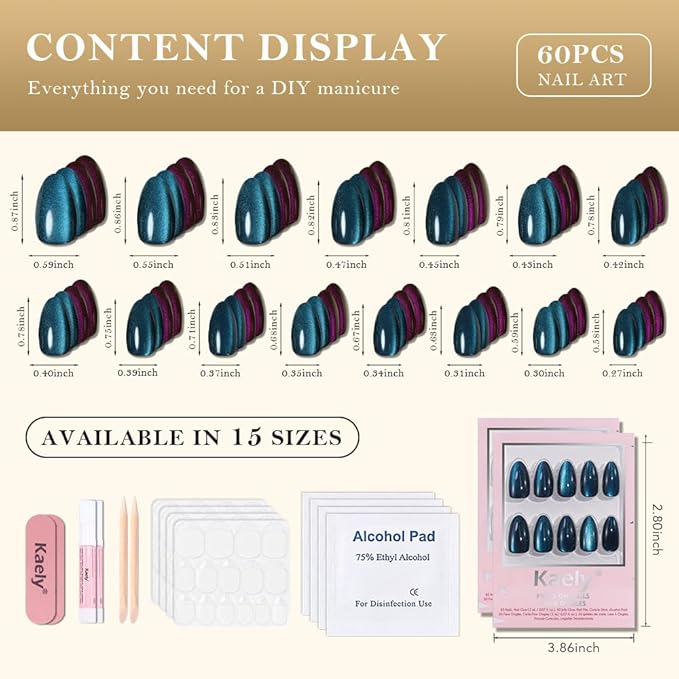 evpct Dark Blue Purple Press on Nails Almond Short, Purple Sapphire Blue Cat Eye Glitter Press on Nails for Women Gift, Soft Gel Press Stick on Nail with Nail Kit 60Pcs Reusable Acrylic Fake Nails Kit