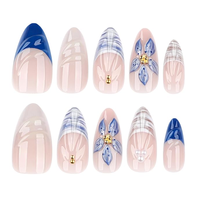 24pcs Blue Flowers Press on Nails Medium Almond Fake Nails Handmade Press on Nails Floral, 3D Flower False Nail French Blue Wave Beach Manicure with Almond-shaped False Nails for Women