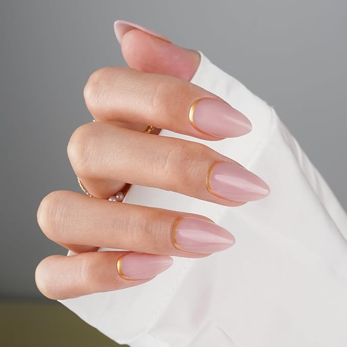 Canvalite Press On Nails Almond, Short Press on Nails Gold French Tip Reusable Acrylic Fake Nails with Glue & Glue Remover Easy to Use 30Pcs Manicure Kit for Women