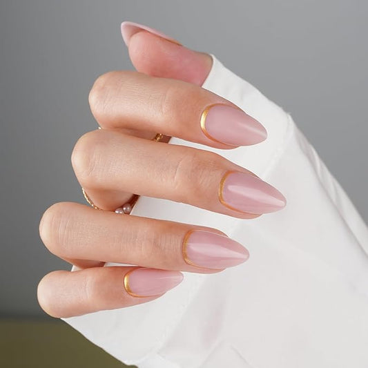 Canvalite Press On Nails Almond, Short Press on Nails Gold French Tip Reusable Acrylic Fake Nails with Glue & Glue Remover Easy to Use 30Pcs Manicure Kit for Women